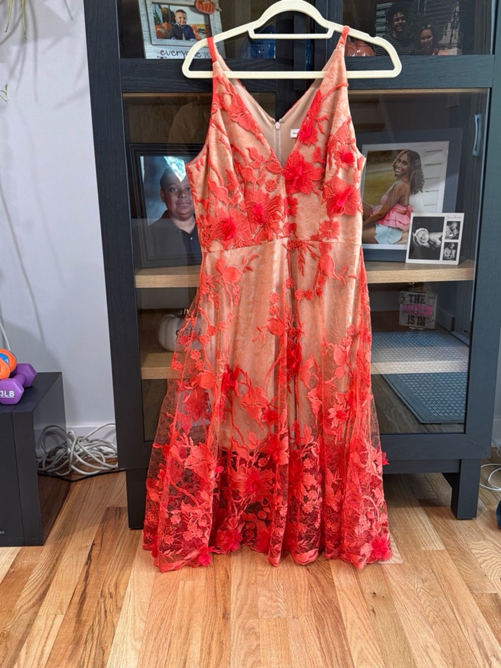 Dress the Population Coral Red Floral Embroidered Mesh A-Line Dress